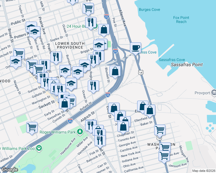 map of restaurants, bars, coffee shops, grocery stores, and more near 100 Pavilion Avenue in Providence