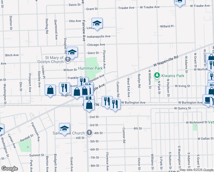 map of restaurants, bars, coffee shops, grocery stores, and more near 4937 Florence Avenue in Downers Grove