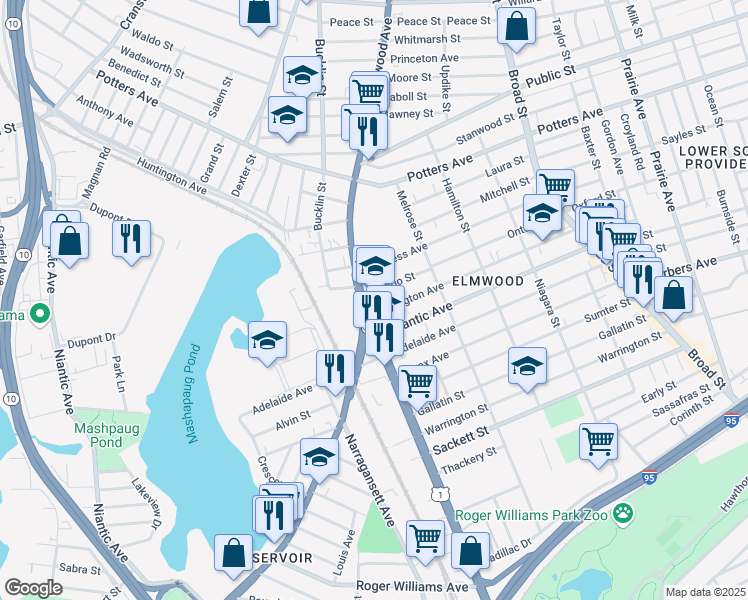 map of restaurants, bars, coffee shops, grocery stores, and more near 544 Elmwood Avenue in Providence