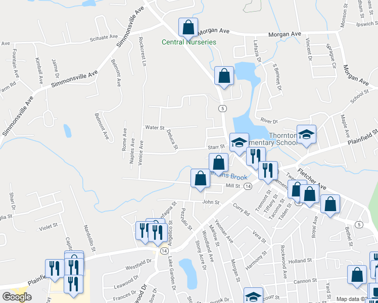 map of restaurants, bars, coffee shops, grocery stores, and more near 32 Starr Street in Johnston