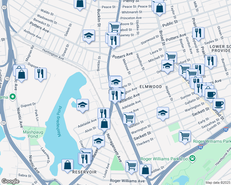 map of restaurants, bars, coffee shops, grocery stores, and more near 544 Elmwood Avenue in Providence