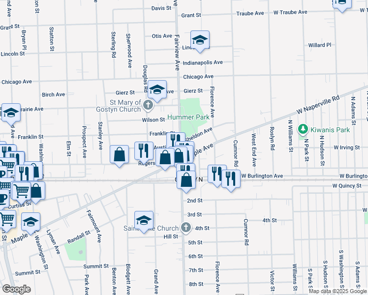 map of restaurants, bars, coffee shops, grocery stores, and more near 356 Maple Avenue in Downers Grove