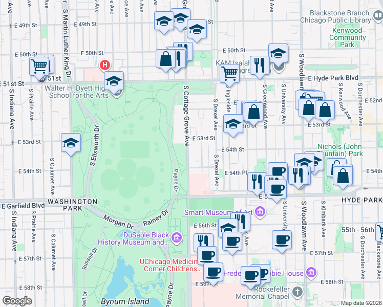 map of restaurants, bars, coffee shops, grocery stores, and more near 5325 South Cottage Grove Avenue in Chicago