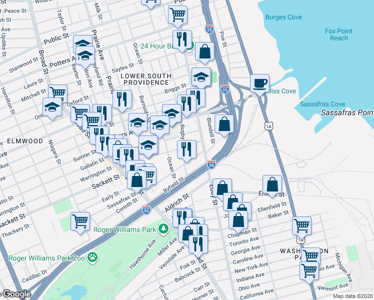 map of restaurants, bars, coffee shops, grocery stores, and more near 123 Pavilion Avenue in Providence
