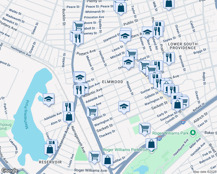 map of restaurants, bars, coffee shops, grocery stores, and more near 143 Adelaide Avenue in Providence