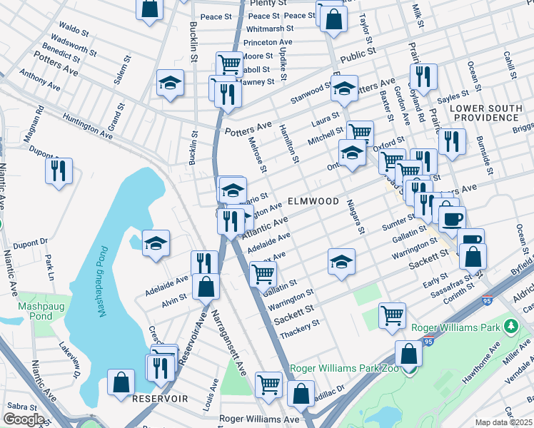 map of restaurants, bars, coffee shops, grocery stores, and more near 200 Lexington Avenue in Providence