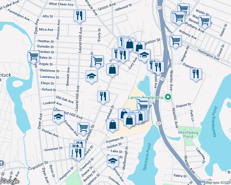 map of restaurants, bars, coffee shops, grocery stores, and more near 90 Carlsbad Street in Cranston
