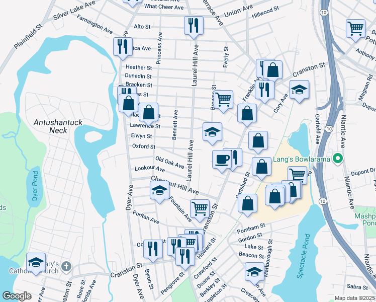 map of restaurants, bars, coffee shops, grocery stores, and more near 581 Laurel Hill Avenue in Cranston