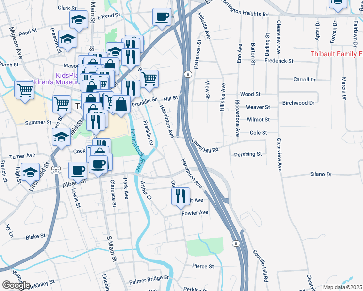 map of restaurants, bars, coffee shops, grocery stores, and more near 201 Harwinton Avenue in Torrington