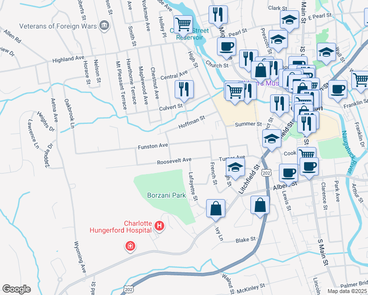 map of restaurants, bars, coffee shops, grocery stores, and more near 107 Funston Avenue in Torrington