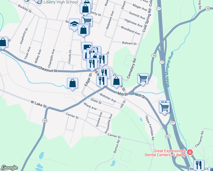 map of restaurants, bars, coffee shops, grocery stores, and more near 147 South Main Street in Liberty
