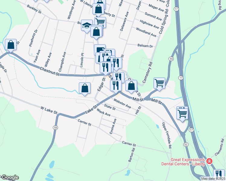 map of restaurants, bars, coffee shops, grocery stores, and more near 31/37 Orchard Street in Liberty
