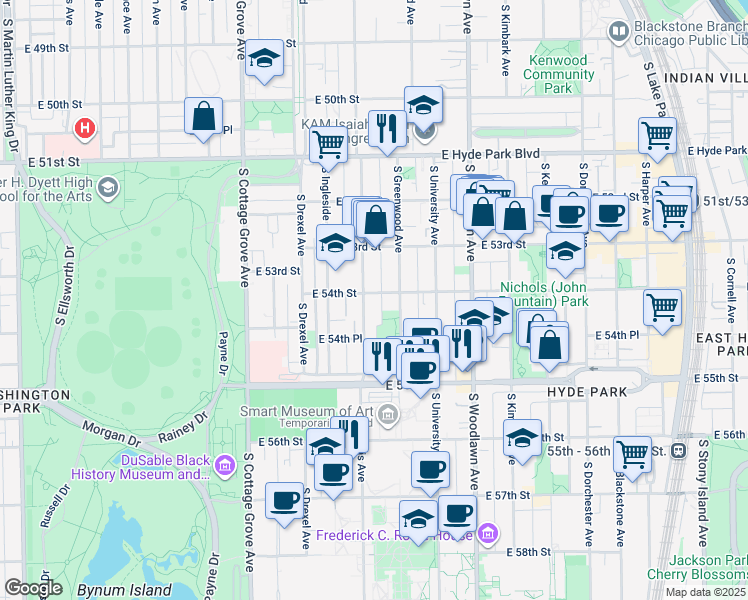 map of restaurants, bars, coffee shops, grocery stores, and more near 5412 South Ellis Avenue in Chicago