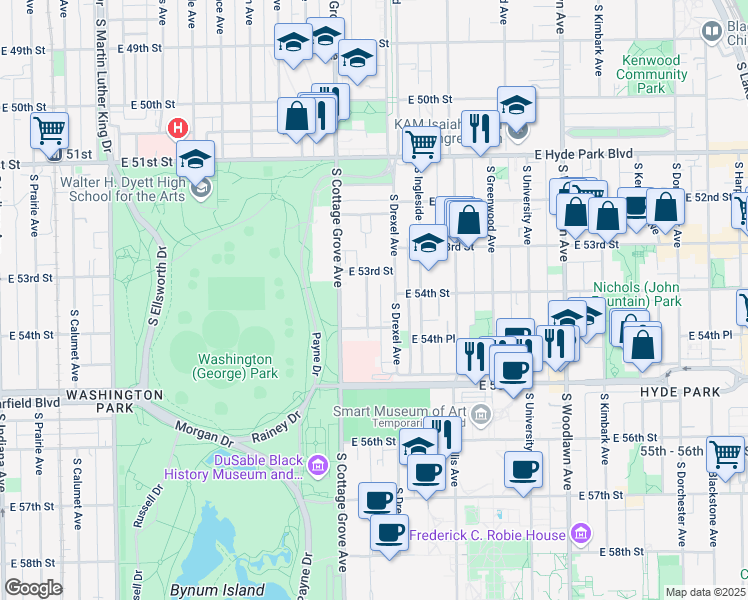 map of restaurants, bars, coffee shops, grocery stores, and more near 5340 South Drexel Avenue in Chicago
