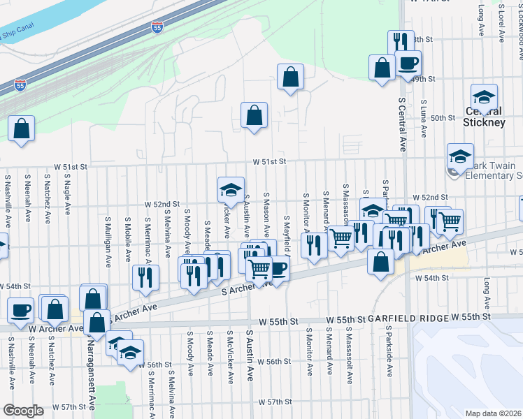 map of restaurants, bars, coffee shops, grocery stores, and more near 5220 South Mason Avenue in Chicago