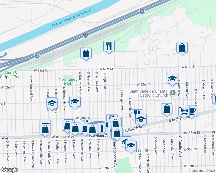 map of restaurants, bars, coffee shops, grocery stores, and more near 5207 South Nagle Avenue in Chicago