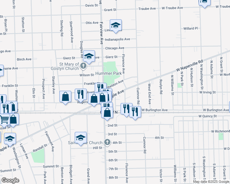 map of restaurants, bars, coffee shops, grocery stores, and more near 328 Maple Avenue in Downers Grove