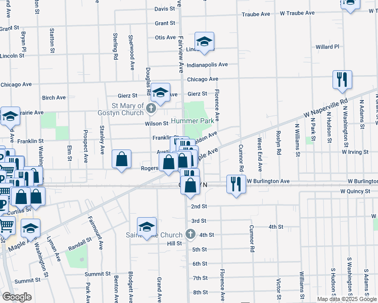 map of restaurants, bars, coffee shops, grocery stores, and more near 356 Maple Avenue in Downers Grove