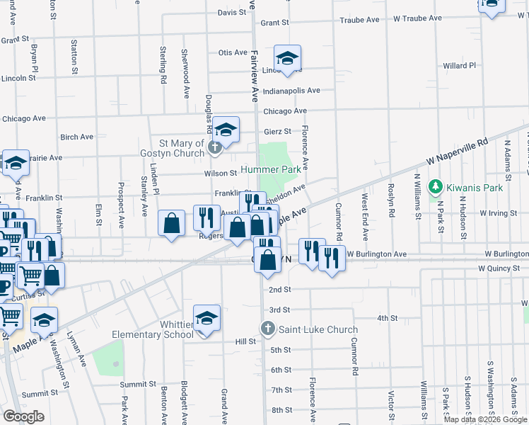 map of restaurants, bars, coffee shops, grocery stores, and more near 356 Maple Avenue in Downers Grove