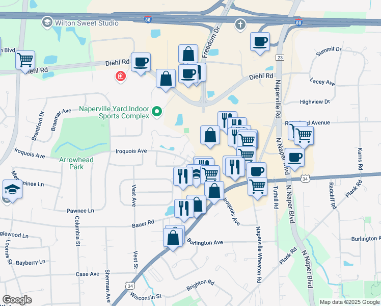 map of restaurants, bars, coffee shops, grocery stores, and more near 1141 Iroquois Avenue in Naperville