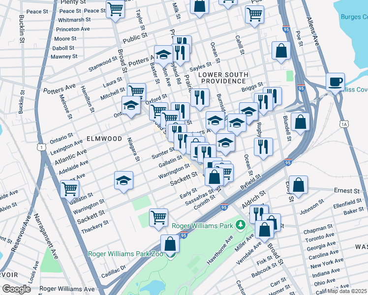 map of restaurants, bars, coffee shops, grocery stores, and more near 986 Broad Street in Providence