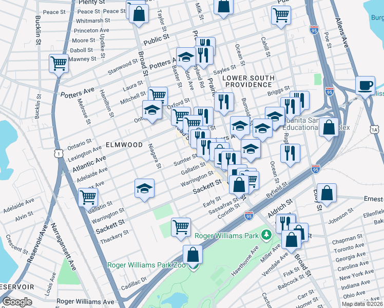 map of restaurants, bars, coffee shops, grocery stores, and more near 17 Sumter Street in Providence