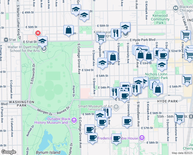 map of restaurants, bars, coffee shops, grocery stores, and more near 5407 South Drexel Avenue in Chicago