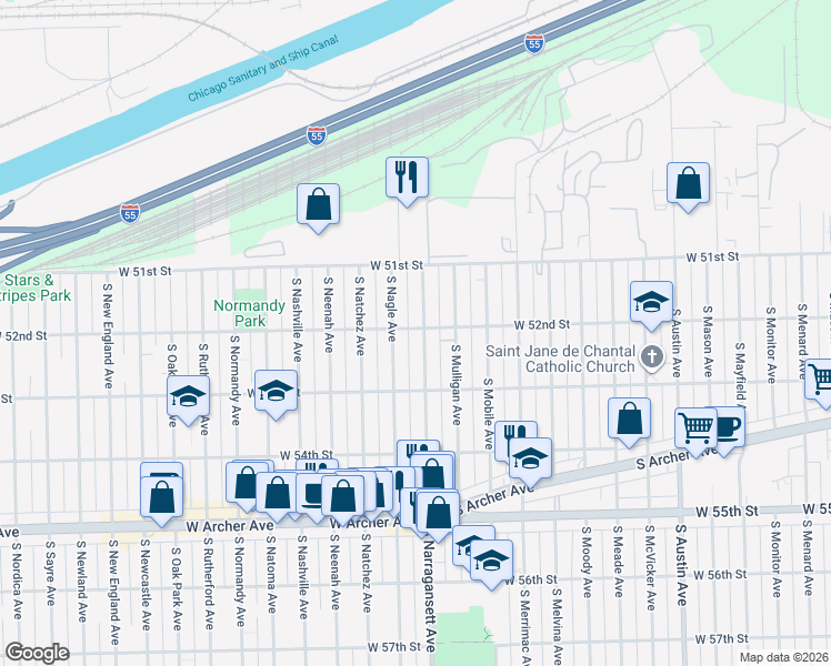 map of restaurants, bars, coffee shops, grocery stores, and more near 5207 South Nagle Avenue in Chicago