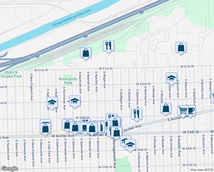 map of restaurants, bars, coffee shops, grocery stores, and more near 5207 South Nagle Avenue in Chicago