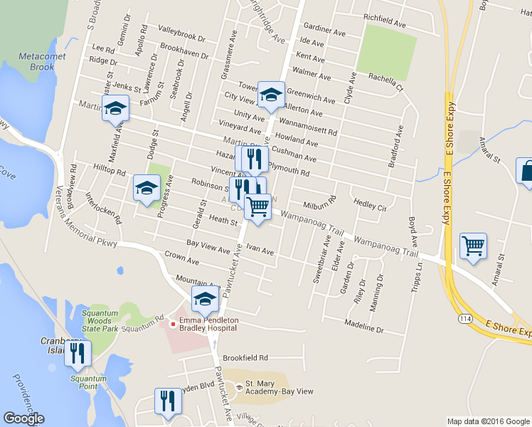 map of restaurants, bars, coffee shops, grocery stores, and more near 15 Wampanoag Trail in East Providence