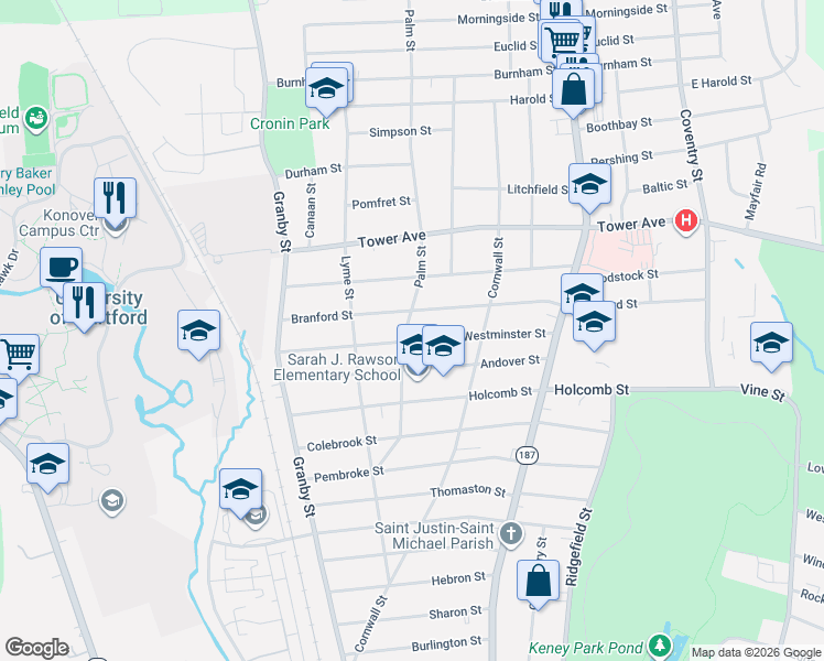 map of restaurants, bars, coffee shops, grocery stores, and more near 126 Palm Street in Hartford