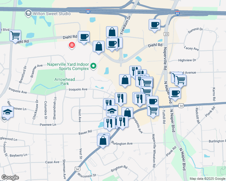 map of restaurants, bars, coffee shops, grocery stores, and more near 1141 Iroquois Avenue in Naperville