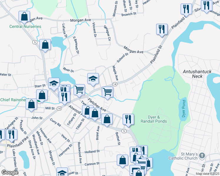 map of restaurants, bars, coffee shops, grocery stores, and more near 1250 Plainfield Street in Johnston