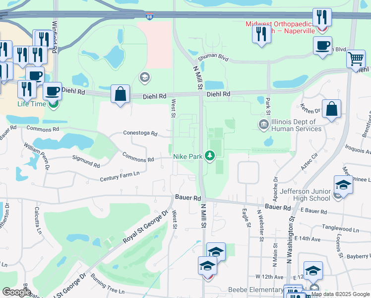 map of restaurants, bars, coffee shops, grocery stores, and more near 1619 North Mill Street in Warrenville