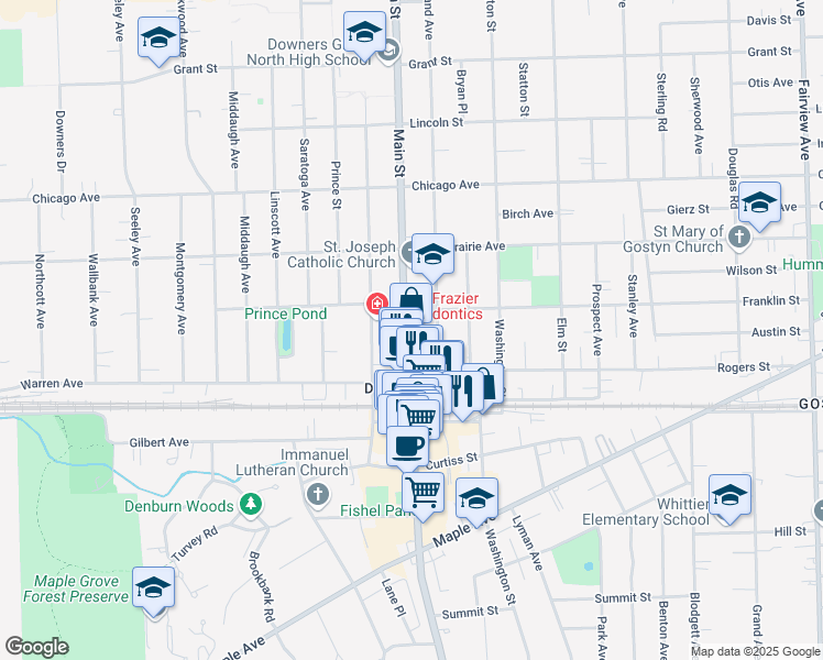 map of restaurants, bars, coffee shops, grocery stores, and more near 4920 Main Street in Downers Grove