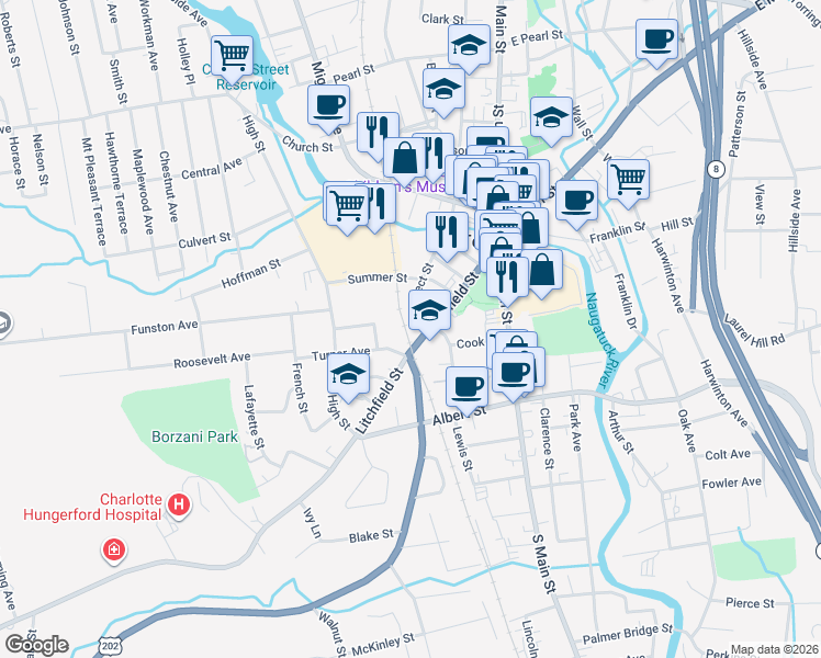 map of restaurants, bars, coffee shops, grocery stores, and more near 190 Litchfield Street in Torrington
