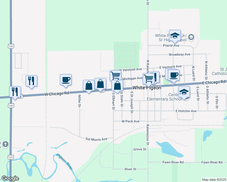 map of restaurants, bars, coffee shops, grocery stores, and more near 210 South Elkhart Street in White Pigeon