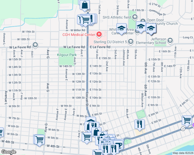 map of restaurants, bars, coffee shops, grocery stores, and more near 1201 1st Avenue in Sterling