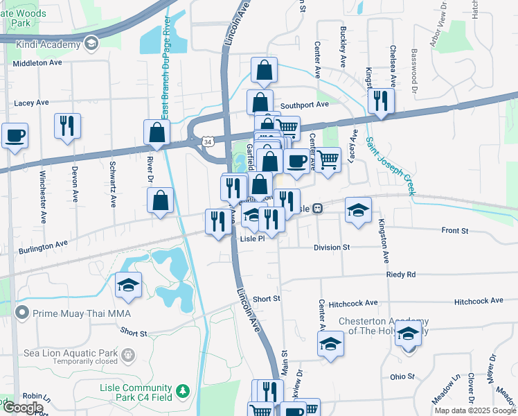 map of restaurants, bars, coffee shops, grocery stores, and more near 1111 Burlington Avenue in Lisle