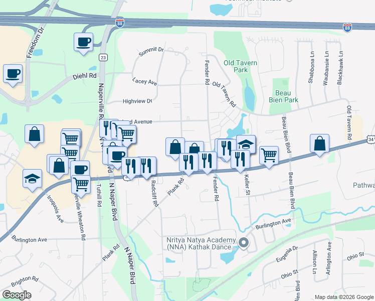 map of restaurants, bars, coffee shops, grocery stores, and more near 4775 Karns Road in Lisle