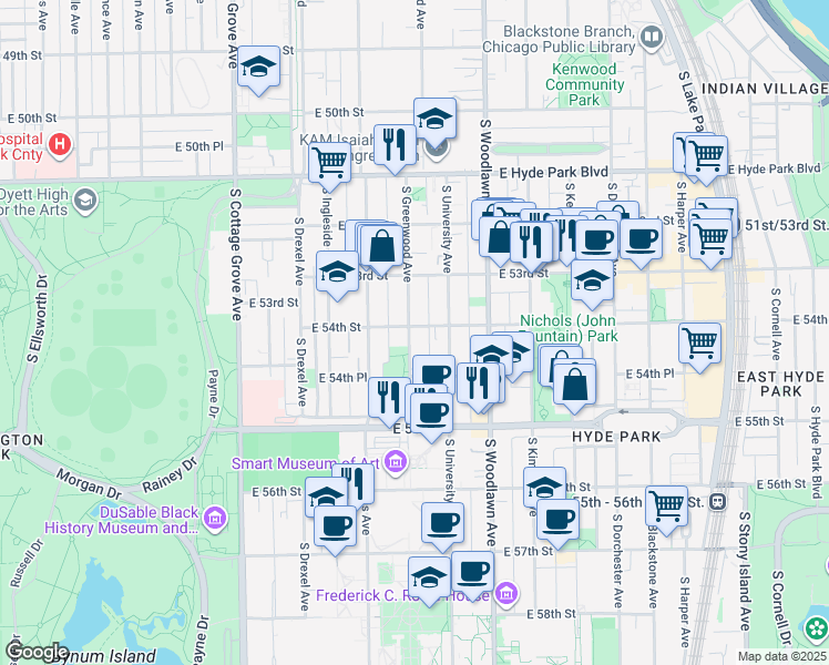 map of restaurants, bars, coffee shops, grocery stores, and more near 5326-5336 South Greenwood Avenue in Chicago