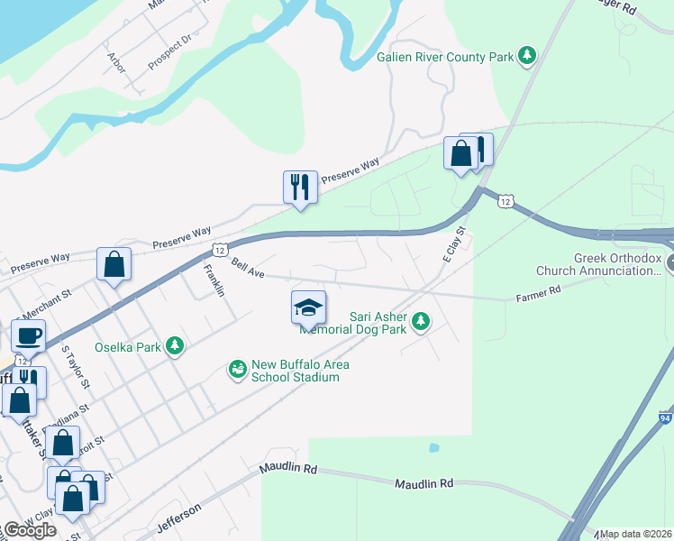 map of restaurants, bars, coffee shops, grocery stores, and more near 1305 Bell Avenue in New Buffalo