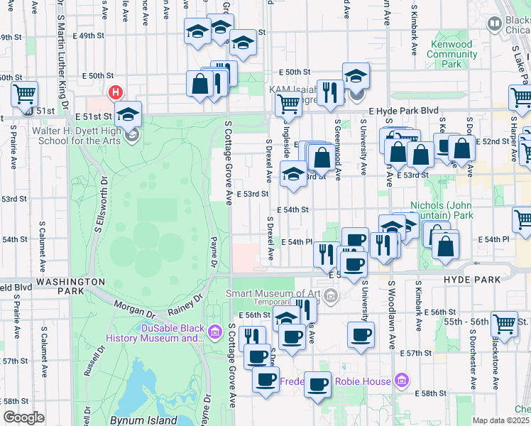 map of restaurants, bars, coffee shops, grocery stores, and more near 5326 South Drexel Avenue in Chicago