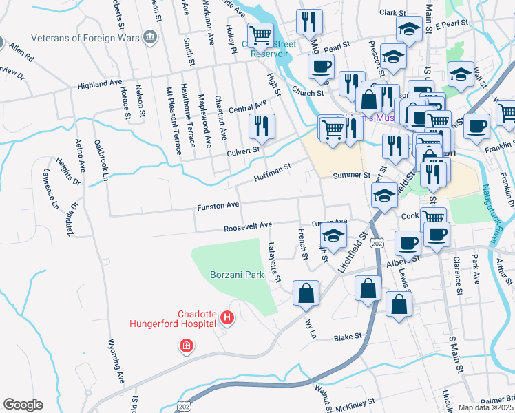 map of restaurants, bars, coffee shops, grocery stores, and more near 55 Iowa Street in Torrington