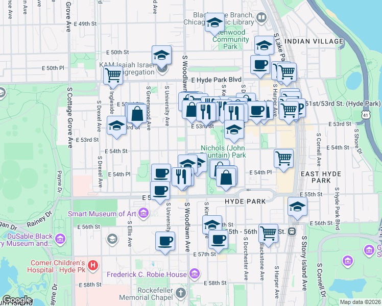 map of restaurants, bars, coffee shops, grocery stores, and more near 5403 South Woodlawn Avenue in Chicago