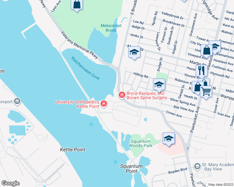 map of restaurants, bars, coffee shops, grocery stores, and more near 764 Veterans Memorial Parkway in East Providence