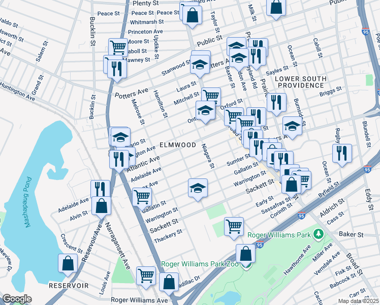 map of restaurants, bars, coffee shops, grocery stores, and more near 108 Adelaide Avenue in Providence