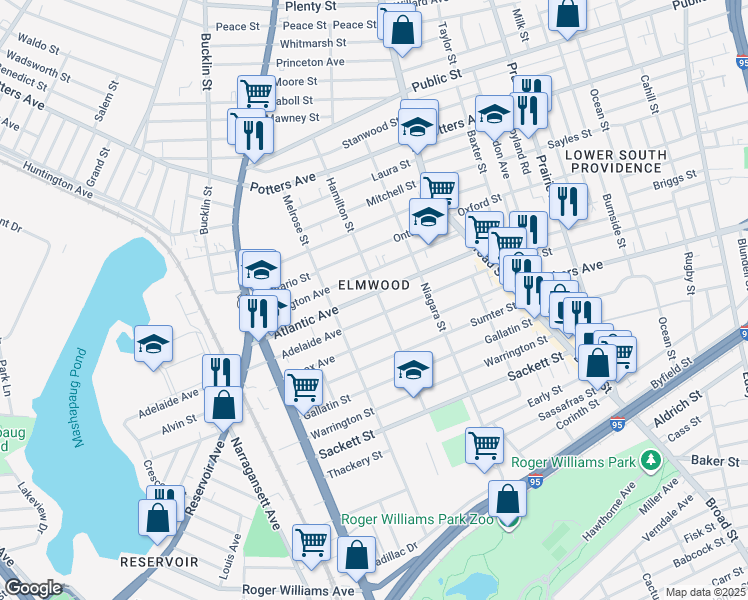 map of restaurants, bars, coffee shops, grocery stores, and more near 143 Adelaide Avenue in Providence
