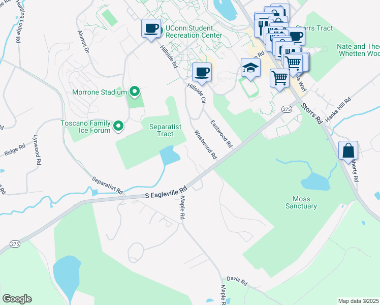 map of restaurants, bars, coffee shops, grocery stores, and more near 10 Westwood Rd in Storrs