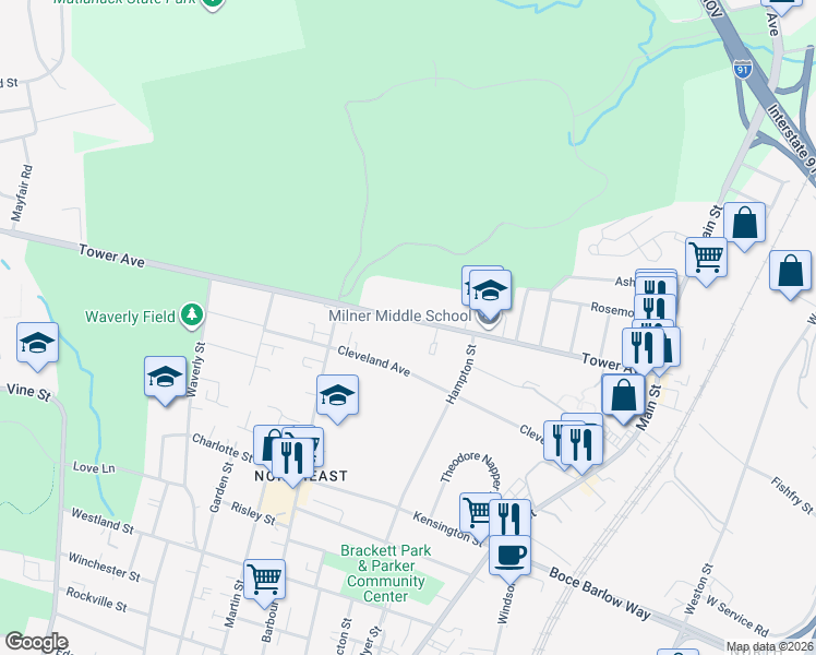 map of restaurants, bars, coffee shops, grocery stores, and more near 223 Tower Avenue in Hartford